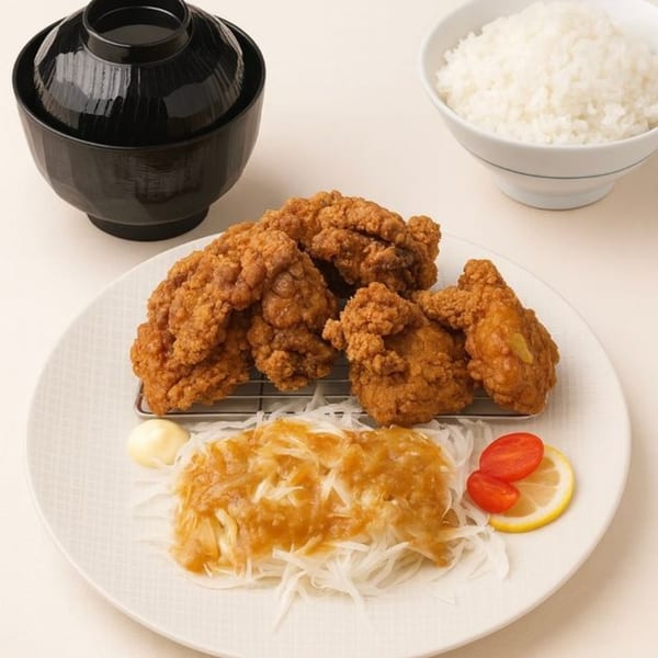 Japanese fried chicken (karaage) with shredded daikon, sauce, lemon, tomatoes, rice, and miso soup.