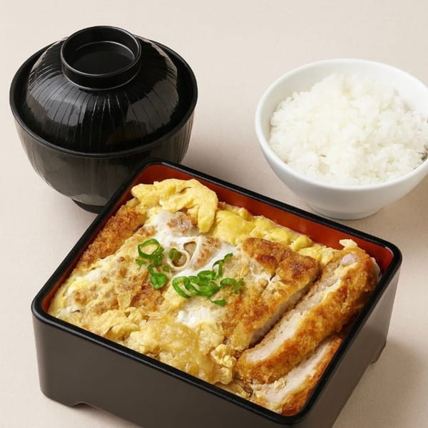 A black bento box with Katsudon, a side of white rice, and a lidded soup bowl.